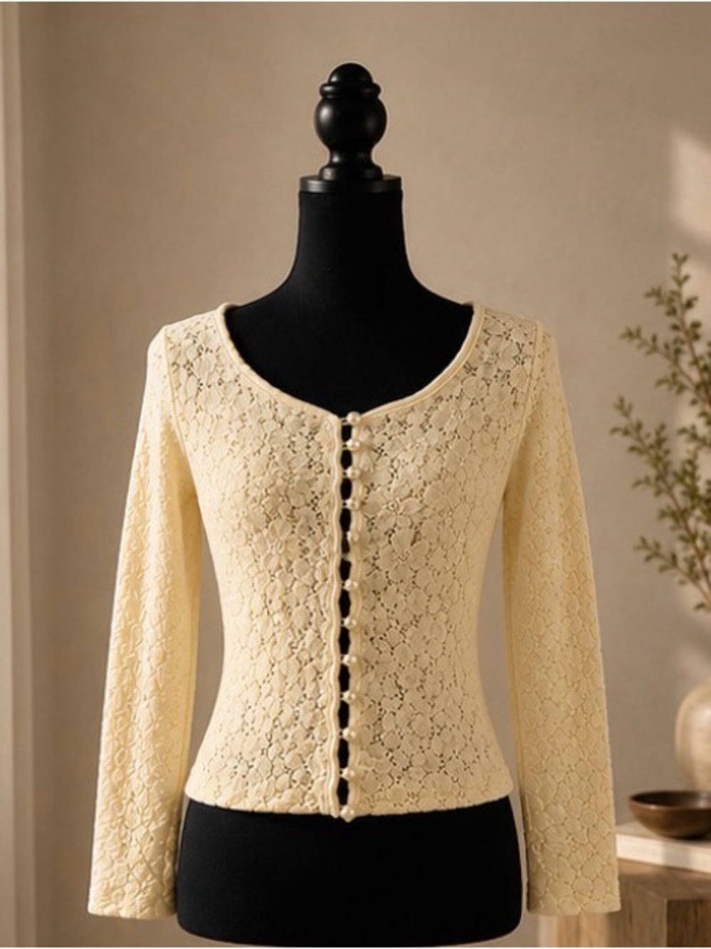 Vintage Cream Lace Pearl Button Top